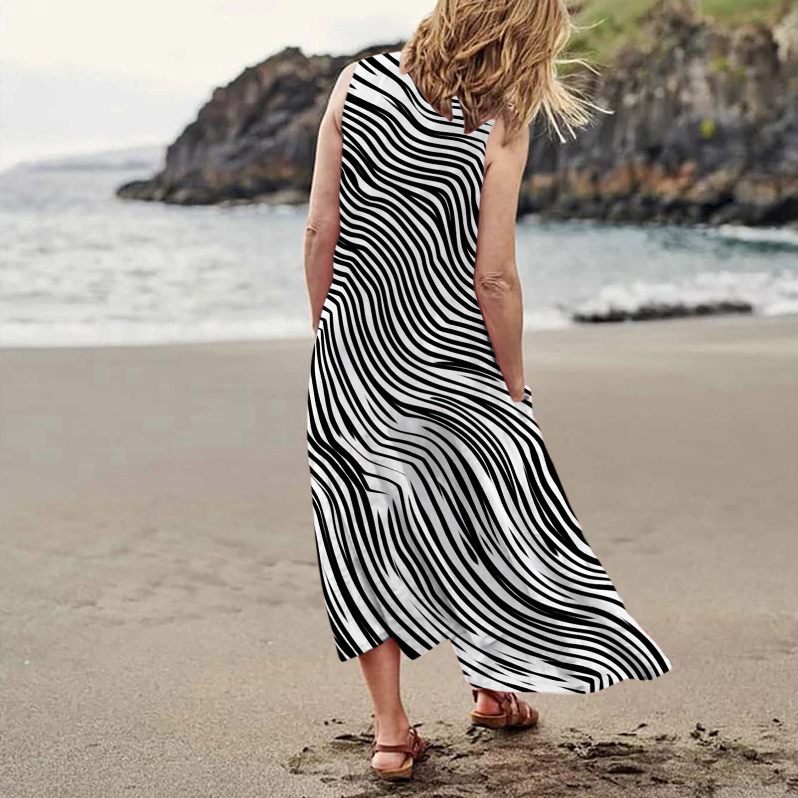 thumbnail image 3 of Vestido informal largo de verano con cuello redondo y rayas degradadas para mujer, 3 of 6